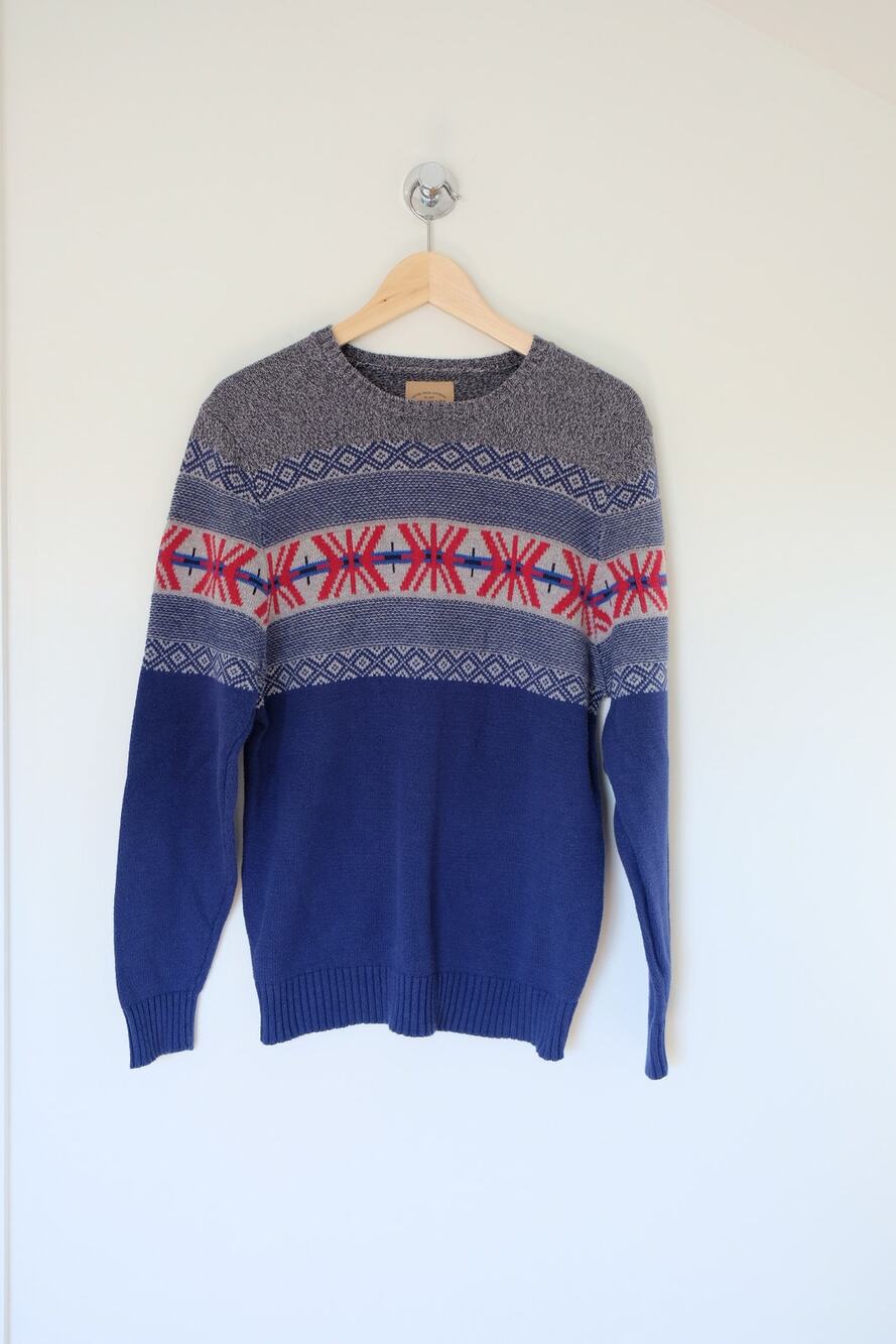 Roebuck & Co Fair Isle Crewneck Sweater M Blue Red Fisherman Cottagecore Ski